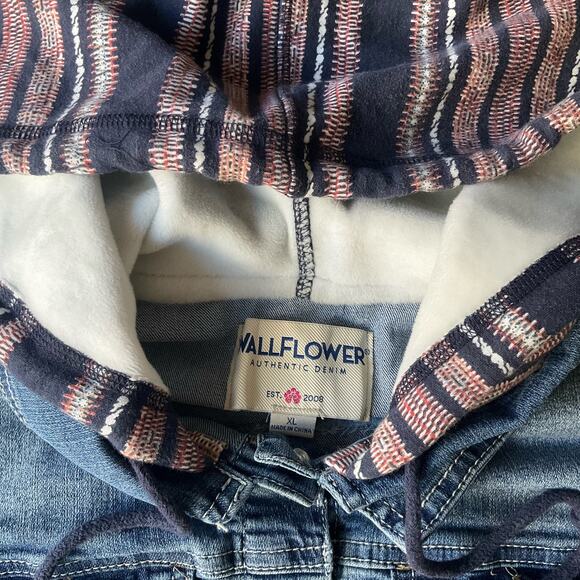 Wall Flower Kid’s Denim Jacket with Hoodie, size XL, Blue & Tan, Many Pockets - Picture 6 of 7